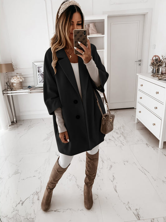 Wool Lapel Jacket with Buttons and Pockets for Women