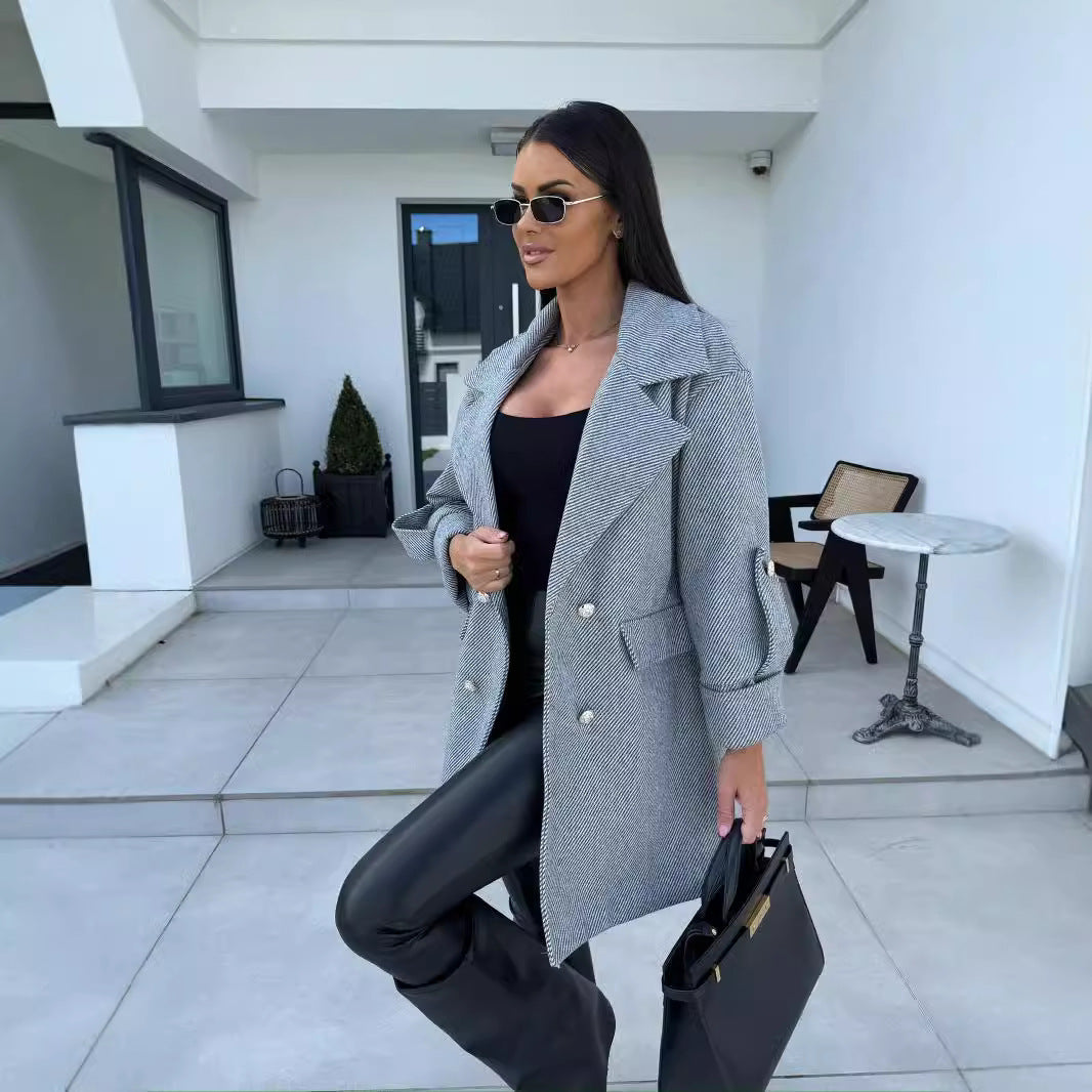 Women's Wool Coat with H-Shaped Notch Collar