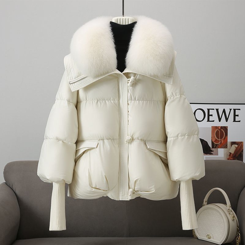 Women's Short Quilted Feather Coat with Fur Collar - Padded & Thick