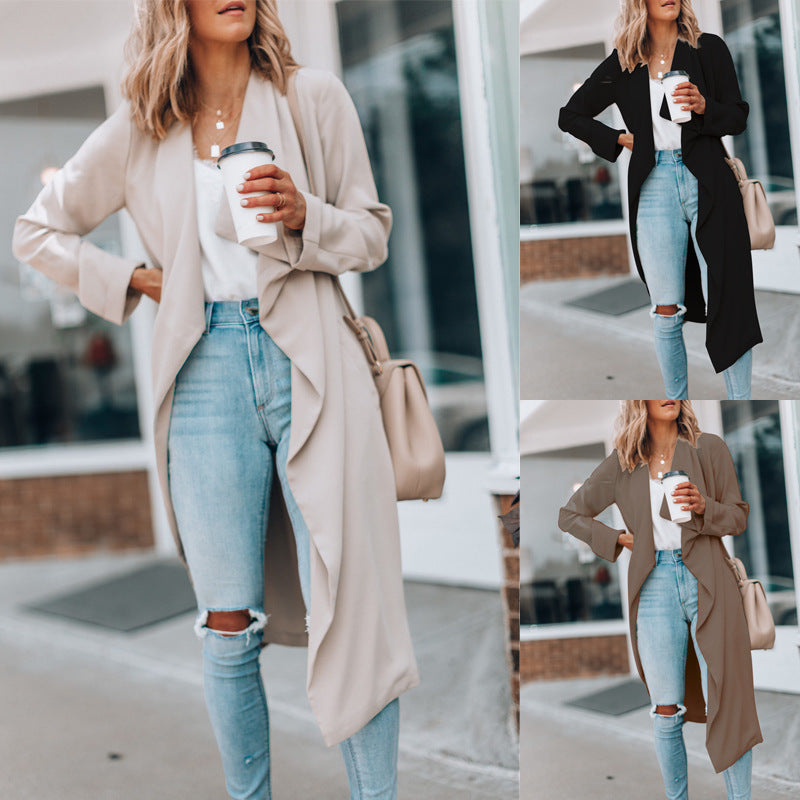 Solid Color Medium-Length Trench Coat for Autumn and Winter