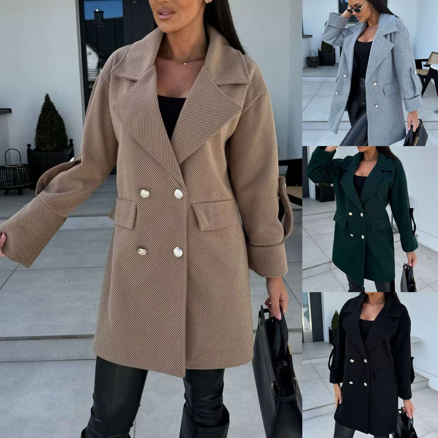 Women's Wool Coat with H-Shaped Notch Collar