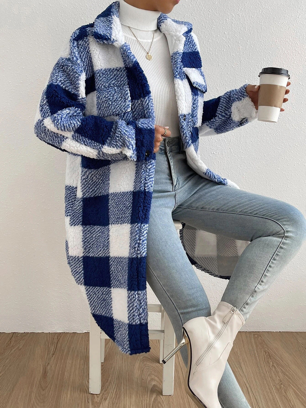 Plaid Plush Coat with Lapel and Buttons - Loose Fit