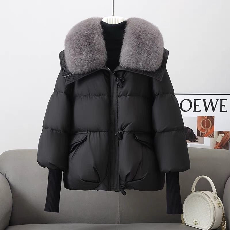 Women's Short Quilted Feather Coat with Fur Collar - Padded & Thick