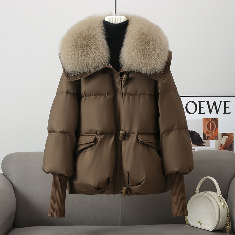 Women's Short Quilted Feather Coat with Fur Collar - Padded & Thick