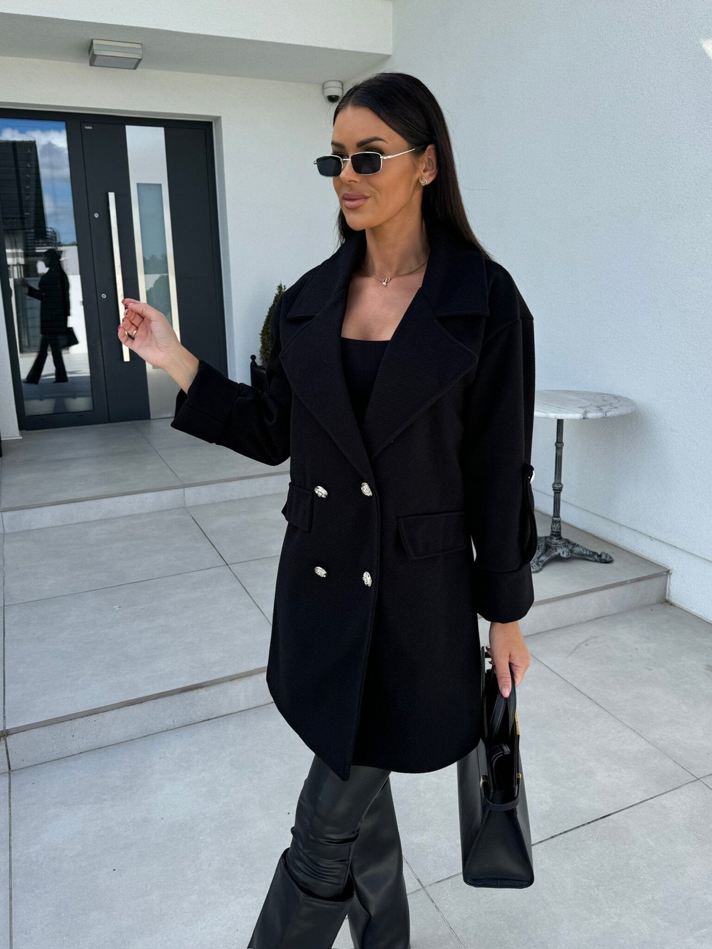 Women's Wool Coat with H-Shaped Notch Collar