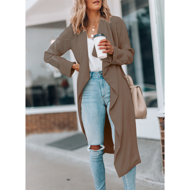 Solid Color Medium-Length Trench Coat for Autumn and Winter