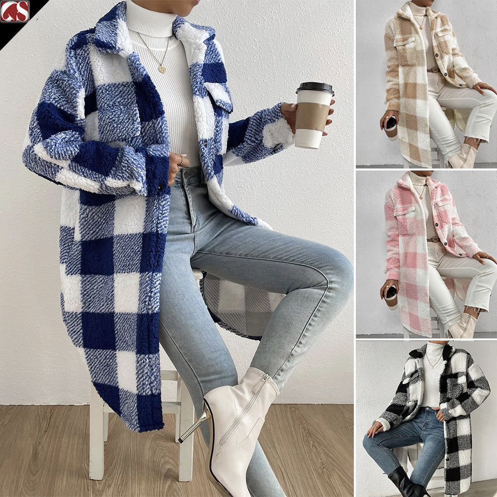 Plaid Plush Coat with Lapel and Buttons - Loose Fit