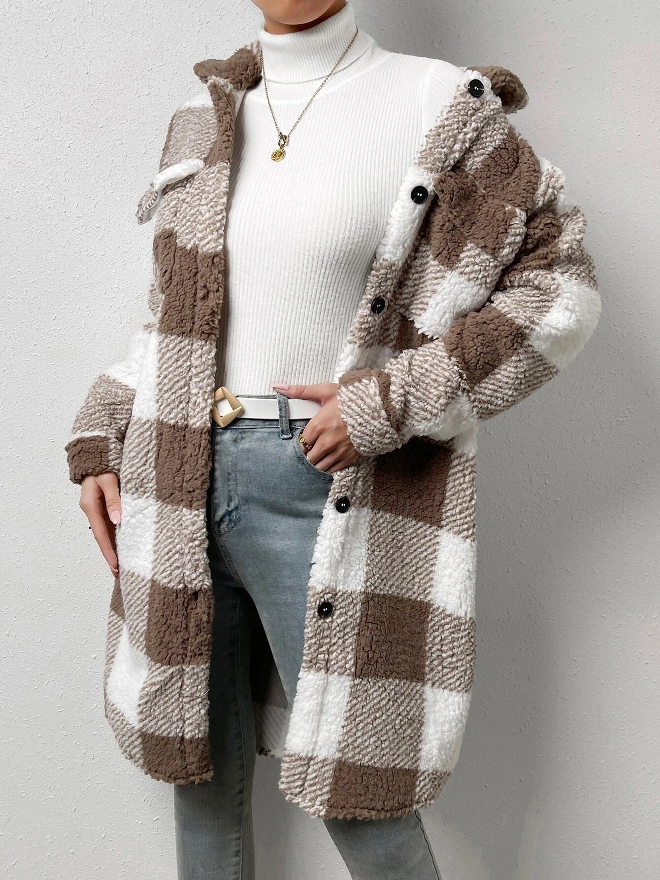 Plaid Plush Coat with Lapel and Buttons - Loose Fit