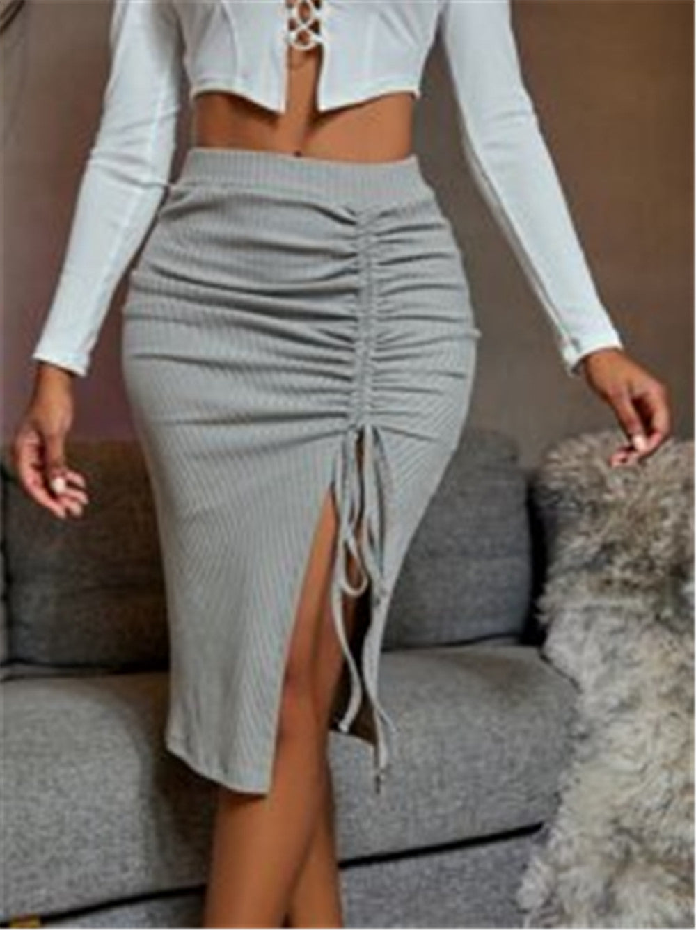 Mid-Length Cotton Skirt with Stitching and Slit