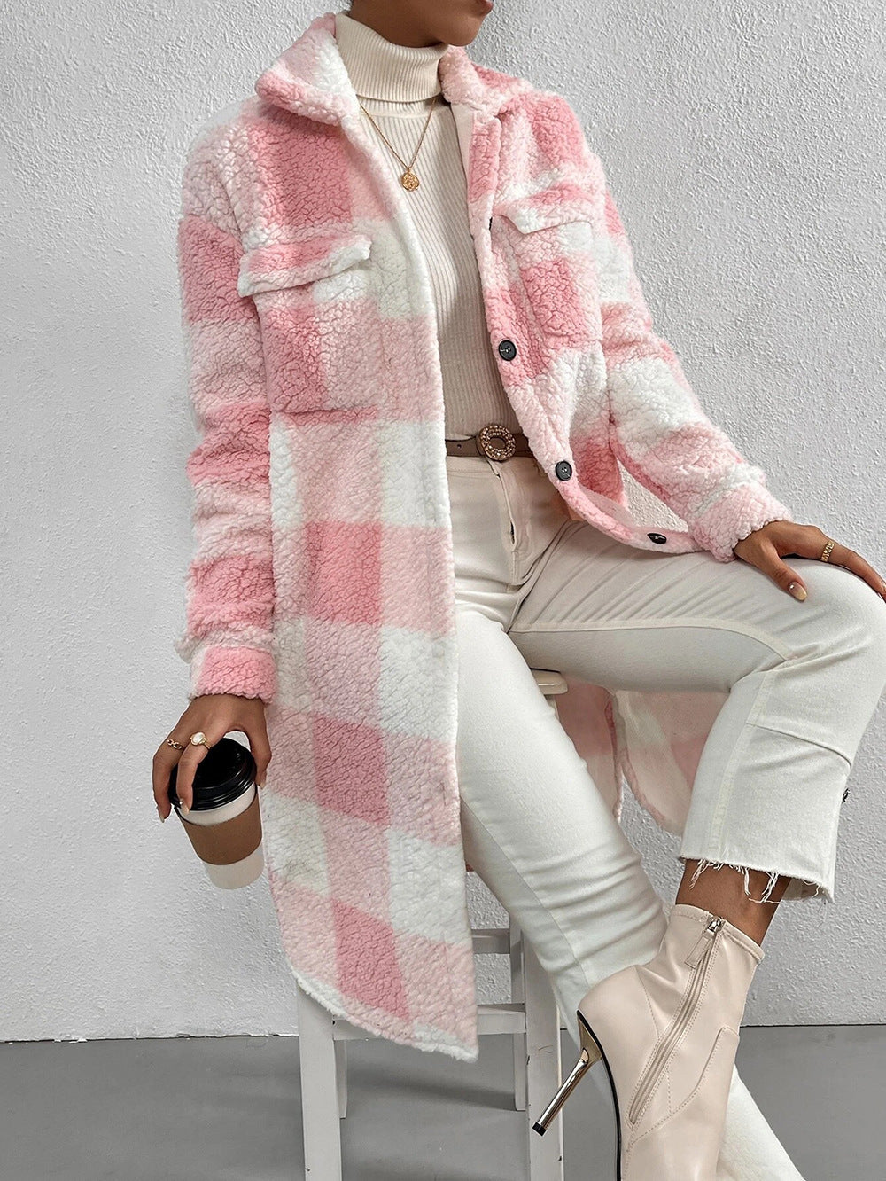 Plaid Plush Coat with Lapel and Buttons - Loose Fit