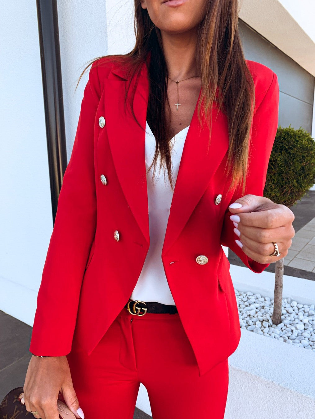 High-Quality Blazer with Metal Buckle and Double-Breasted Closure